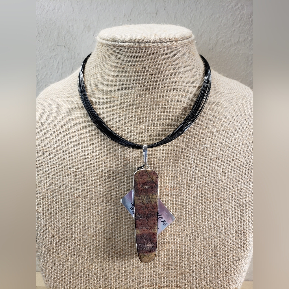 Chris Bales Sterling Silver Petrified Wood Pendant on Cord Necklace